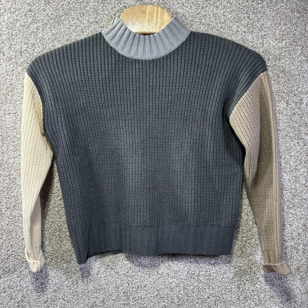 KAVU Women Grey Colorblock Mock Neck Shaker Rib Knit Wool Blend Sweater Small